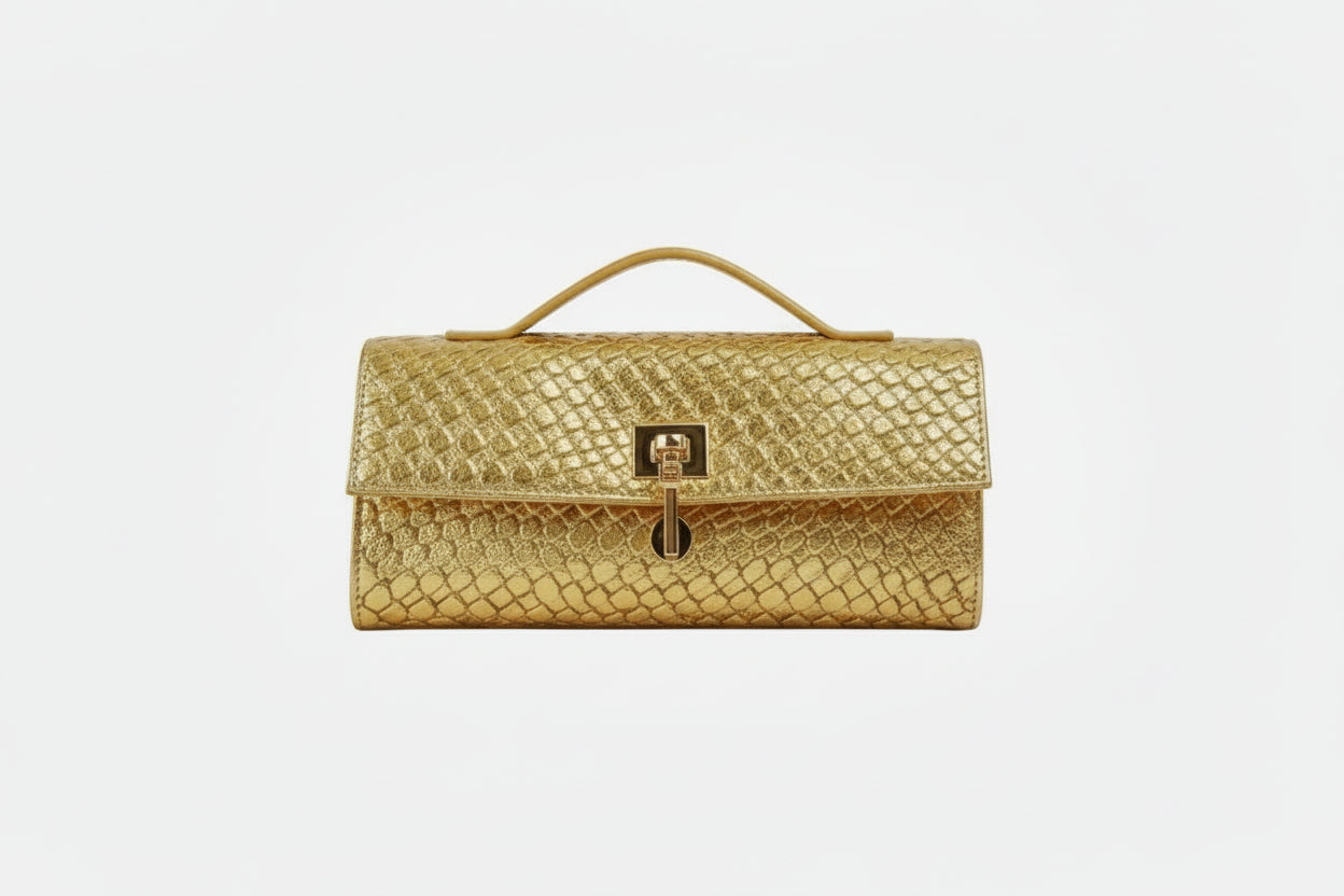 Yellow woven handbag on a white background