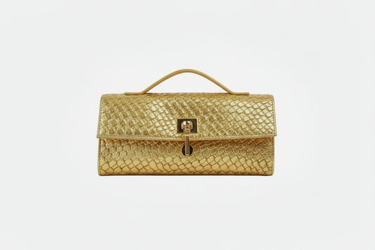 Yellow woven handbag on a white background