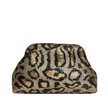 Leopard print clutch bag with gold accents on a beige background, featuring the BAIZE brand.