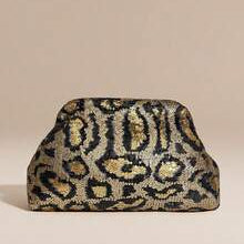 Leopard print clutch bag with gold accents on a beige background, featuring the BAIZE brand.