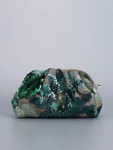 Sequin Embroidered Floral Pleated Clutch Bag